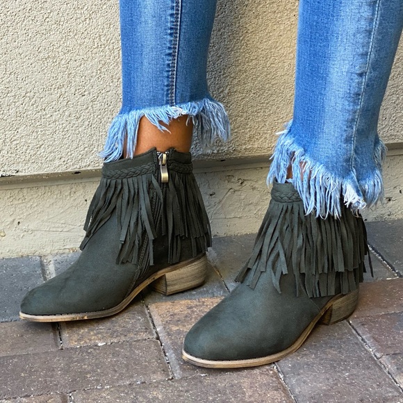 Boutique Shoes - Olive Green Western Boho Braid Fringe Ankle Boots